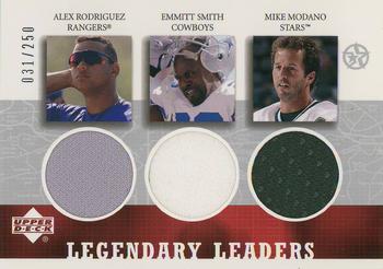 2002-03 UD SuperStars - Legendary Leaders Triple Jersey #AR/ES/MM-L Alex Rodriguez / Emmitt Smith / Mike Modano Front