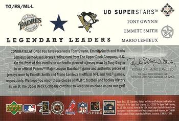 2002-03 UD SuperStars - Legendary Leaders Triple Jersey #TG/ES/ML-L Tony Gwynn / Emmitt Smith / Mario Lemieux Back