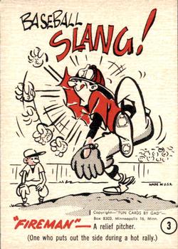 1963 Gad Fun Cards #3 Baseball Slang, Fireman Front