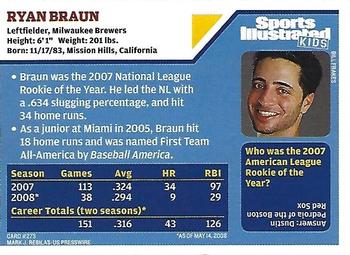 2008 Sports Illustrated for Kids #273 Ryan Braun Back