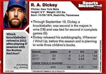 2012 Sports Illustrated for Kids #183 R.A. Dickey Back