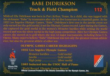 1996 Collect-A-Card Centennial Olympic Games Collection #112 Babe Didrikson Back