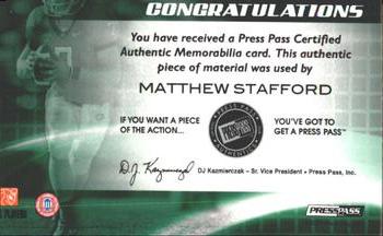 2009 Press Pass Fusion - Revered Relics Gold #RR-MS Matthew Stafford Back