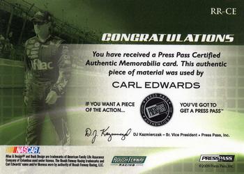 2009 Press Pass Fusion - Revered Relics Premium Swatch #RR-CE Carl Edwards Back