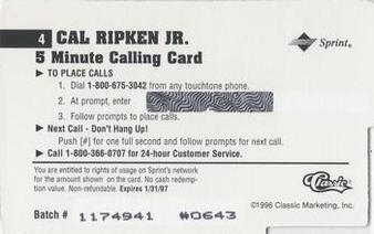 1996 Classic Assets - A Cut Above Phone Cards #4 Cal Ripken Jr. Back