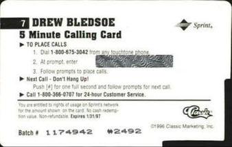 1996 Classic Assets - A Cut Above Phone Cards #7 Drew Bledsoe Back