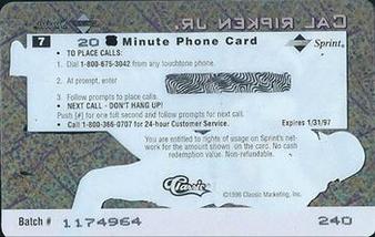 1996 Classic Assets - Crystal Phone Cards $20 #7 Cal Ripken Jr. Back