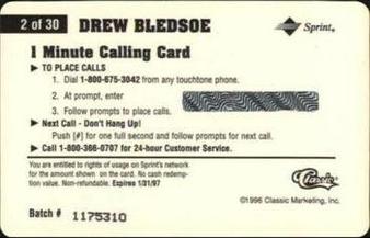 1996 Classic Assets - Phone Cards $1 #2 Drew Bledsoe Back