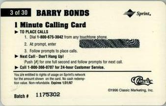 1996 Classic Assets - Phone Cards $1 #3 Barry Bonds Back