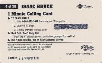1996 Classic Assets - Phone Cards $1 #4 Isaac Bruce Back