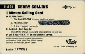 1996 Classic Assets - Phone Cards $1 #5 Kerry Collins Back