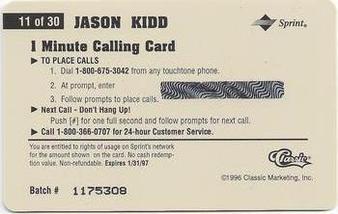 1996 Classic Assets - Phone Cards $1 #11 Jason Kidd Back