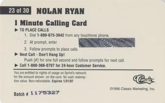1996 Classic Assets - Phone Cards $1 #23 Nolan Ryan Back