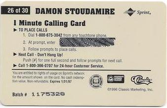 1996 Classic Assets - Phone Cards $1 #26 Damon Stoudamire Back