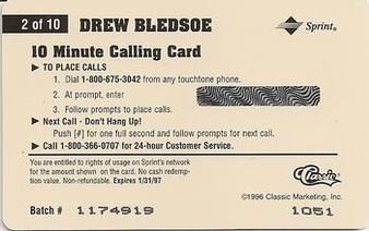 1996 Classic Assets - Phone Cards $10 #2 Drew Bledsoe Back