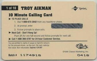 1996 Classic Assets - Phone Cards $10 #1 Troy Aikman Back