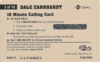 1996 Classic Assets - Phone Cards $10 #3 Dale Earnhardt Back