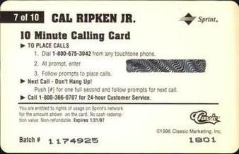 1996 Classic Assets - Phone Cards $10 #7 Cal Ripken Jr. Back