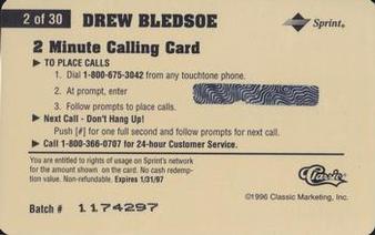 1996 Classic Assets - Phone Cards $2 #2 Drew Bledsoe Back