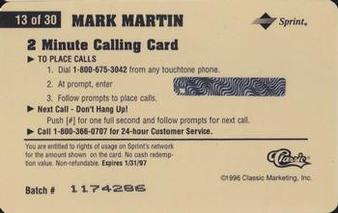 1996 Classic Assets - Phone Cards $2 #13 Mark Martin Back