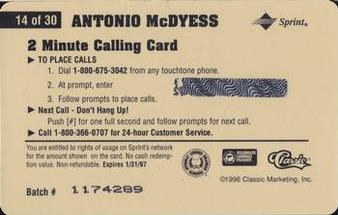 1996 Classic Assets - Phone Cards $2 #14 Antonio McDyess Back