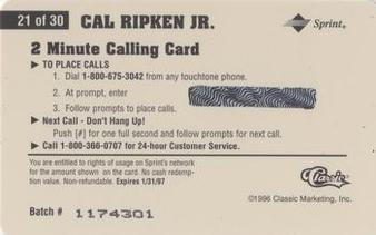 1996 Classic Assets - Phone Cards $2 #21 Cal Ripken Jr. Back