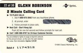 1996 Classic Assets - Phone Cards $2 #22 Glenn Robinson Back