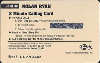 1996 Classic Assets - Phone Cards $2 #23 Nolan Ryan Back