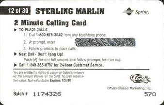 1996 Classic Assets - Phone Cards $2 Hot Prints #12 Sterling Marlin Back