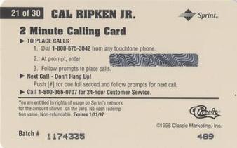 1996 Classic Assets - Phone Cards $2 Hot Prints #21 Cal Ripken Jr. Back