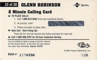 1996 Classic Assets - Phone Cards $2 Hot Prints #22 Glenn Robinson Back
