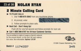 1996 Classic Assets - Phone Cards $2 Hot Prints #23 Nolan Ryan Back