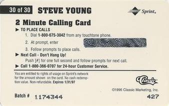 1996 Classic Assets - Phone Cards $2 Hot Prints #30 Steve Young Back
