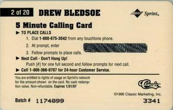 1996 Classic Assets - Phone Cards $5 #2 Drew Bledsoe Back