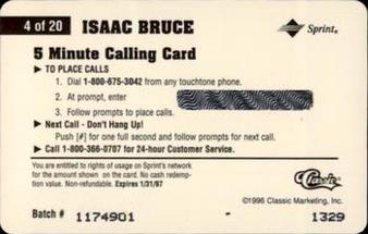 1996 Classic Assets - Phone Cards $5 #4 Isaac Bruce Back