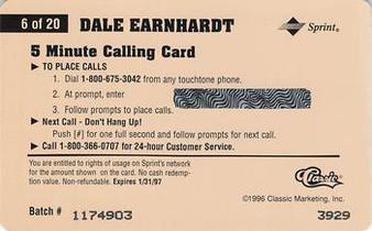 1996 Classic Assets - Phone Cards $5 #6 Dale Earnhardt Back