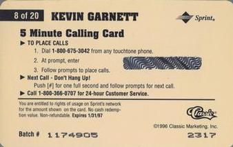 1996 Classic Assets - Phone Cards $5 #8 Kevin Garnett Back