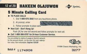 1996 Classic Assets - Phone Cards $5 #12 Hakeem Olajuwon Back