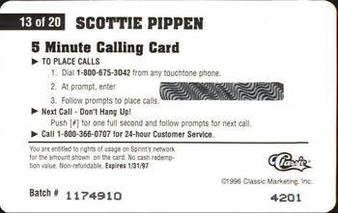 1996 Classic Assets - Phone Cards $5 #13 Scottie Pippen Back