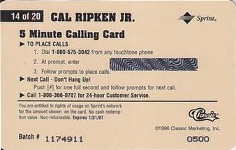 1996 Classic Assets - Phone Cards $5 #14 Cal Ripken Jr. Back