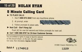 1996 Classic Assets - Phone Cards $5 #15 Nolan Ryan Back