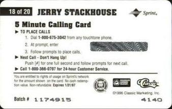 1996 Classic Assets - Phone Cards $5 #18 Jerry Stackhouse Back