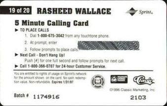 1996 Classic Assets - Phone Cards $5 #19 Rasheed Wallace Back