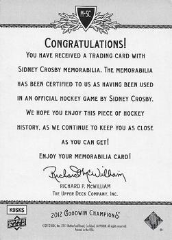 2012 Upper Deck Goodwin Champions - Memorabilia #M-SC Sidney Crosby Back