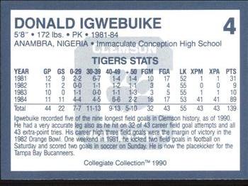 1990 Collegiate Collection Clemson Tigers #4 Donald Igwebuike Back