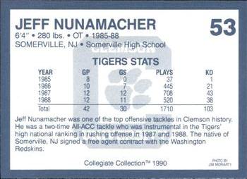 1990 Collegiate Collection Clemson Tigers #53 Jeff Nunamacher Back