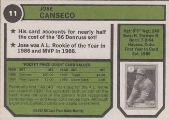 1992 SCD Sports Card Price Guide Monthly #11 Jose Canseco Back