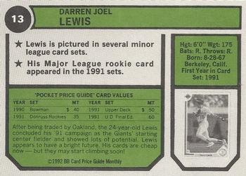 1992 SCD Sports Card Price Guide Monthly #13 Darren Lewis Back