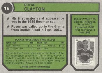 1992 SCD Sports Card Price Guide Monthly #16 Royce Clayton Back