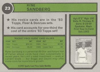1992 SCD Sports Card Price Guide Monthly #23 Ryne Sandberg Back